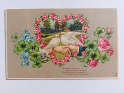 Old postcard embossed postcard doves rose clover