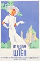 Vintage art deco osztrák utazási reklám plakát reprint nyomat Bécs 1930 nő fehér ruha kalap divat