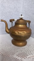 Antique copper teapot with ceramic handle, patina appearance, some dents on the sides