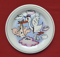 Tognana olasz német porcelán tányér születési kislány ajándék gólya minta akasztható fali tányér