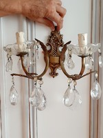 Beautiful baroque antique copper and crystal two-pronged wall arm in a pair