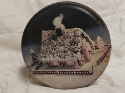 Vintage, old metal tin with gingerbread house, sugar and biscuits