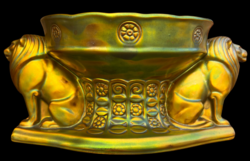 Zsolnay eozin glazed decorative bowl with two seated lions