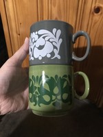 2 db angol népi motívumos porcelán csésze zöld + szürke retro stílusú