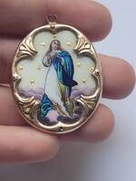 Antique 14k gold clover-framed porcelain fire-gilded Virgin Mary pendant!