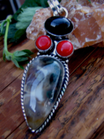 Silver-plated pendant with moss agate, black onyx and coral semi-precious stones