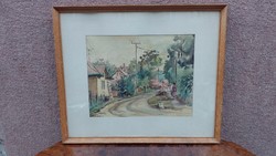 Marked watercolor painting, village street