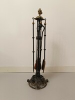 Antique fire starter set next to stove fireplace, wrought iron and brass 307 7986