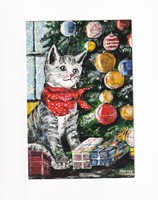 T:13 Karácsonyi  cicás képeslap postatiszta kinyithatós