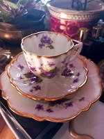 Violet-patterned Biedermeier porcelain tea set with cake plate, sugar bowl, and creamer