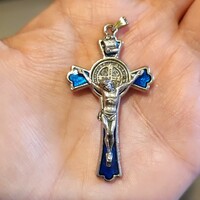 Beautiful metal crucifix pendant with blue enamel inlay