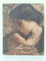 Antik olaj fatábla René DE PAUW szignált anya gyermekével festmény keret nélkül 427 8116