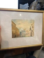 Győri várkapu ábrázolás, akvarell festmény, szignált, 16 x 16 cm-es.