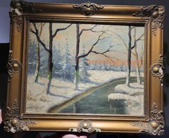 Téli patakpart fákkal festmény