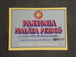 Beer label, Pécs Pannonia brewery, Pannonia malt sparkling brown beer