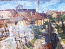 Udvary Pál (1900-1987) Budafoki Külváros,Képcsarnokos Festmény