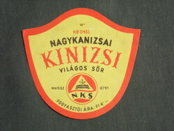 Beer label, Nagykanizsa brewery, Kinizsi light beer