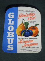 Konzerv befőtt címke, Magyar konzervgyár, GLOBUS vegyes gyümölcs befőtt