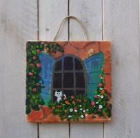 Kerti ablak - Rusztikus Fa dekoráció - Macska - Cica - Virág - Gyerekszoba Falidísz, Ajándék ötlet