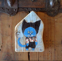 Bluebe - Rusztikus Festett Dekoráció - Falra akasztható - Ajándék ötlet -Cica - Macska - Állat