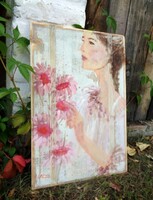 Rustic wood decoration - woman with flowers wall picture - mother's day - flower