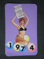 Kártyanaptár, Totó Lottó szerencsejáték, erotikus női modell, 1974 ,   (2)