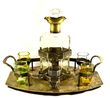 Art deco polished colored glass liqueur set on a tray!