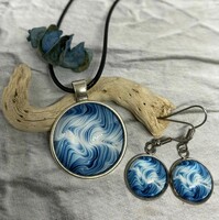 Blue and white wavy, striped glass jewelry (necklace and earrings)