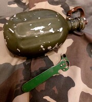Military water bottle and can opener for sale together.