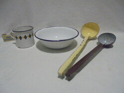 Old enamel kitchen utensil - four pieces together - mug, bowl, ladles - folk, peasant decor
