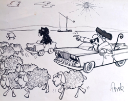 Caricature of Louis the Turk, humorous illustration - pen drawing (28x21 cm) shepherd, dog, lambs