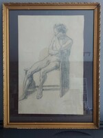 Unsigned pencil drawing - study drawing - seated male nude 113