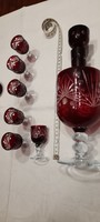 Burgundy lead crystal brandy set, set, butella with stopper and 6 glasses