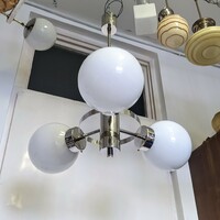 Bauhaus - art deco - streamline 3-arm, nickel-plated chandelier renovated - milk glass spherical shades