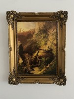 Hunting scene - print - fight of deer - in antique frame - excellent gift