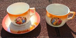 Zsolnay mitológiai  életképes  lüszter mázas teás csésze két db és alátét kistányér