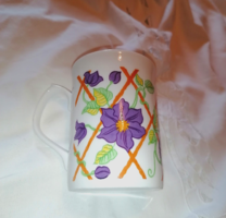 English, purple flowered, snow-white bone china mug of the highest quality