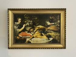 Hunting still life - print in an antique frame - nobleman with his prey