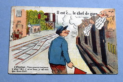 Régi humoros grafikus képeslap mozdony vasútállomás