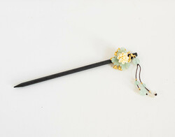 Hairpin, hairpin with jade effect pearls, gold and bone-colored elements - Chinese / Japanese hair accessory
