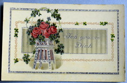 Greeting card pressed with antique silver - rose 4-leaf clover