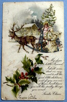 Antique Christmas greeting litho postcard - Santa Claus on sleigh, deer, angel Christmas tree from 1906