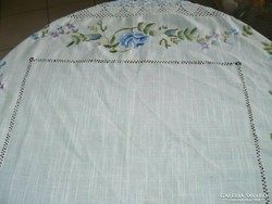 Wonderful azure flower embroidered tablecloth with lacy edges