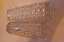 Two retro, rickety-walled, oblong-shaped, thick glass vases... Together.