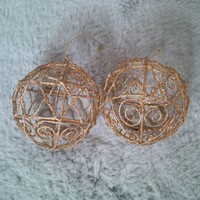 2 gold sphere Christmas tree ornaments with an openwork pattern, 9 cm in diameter