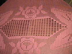 Beautiful hand-crocheted mauve tablecloth with pink butterflies