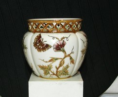 Zsolnay butterfly flower pattern openwork pot decorated with a butterfly