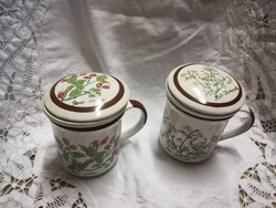 Pair of thick-walled porcelain tea mugs with filter