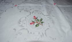 Silk damask tablecloth with cross-stitch embroidery