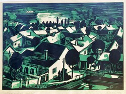 Alexin Andor (1921-2003): Dunakanyar, Nagymarosi részlet, színes linómetszet, Képcsarnok nyomda,1966
